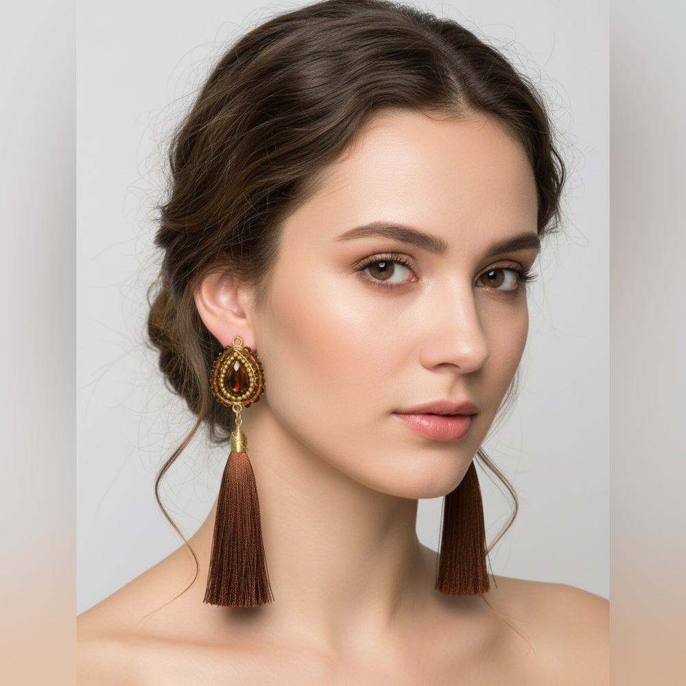 Beaded tassel earrings euro wire gold brown amber color wired wrapped tear drop